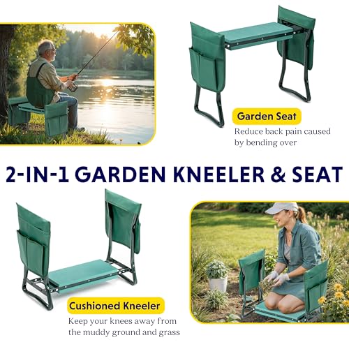 Garden Kneeler and Seat Foldable Kneeling Bench with Sturdy Soft EVA Foam Pad for Outdoor, Fishing, Camping, 2 Tool Pouches Included, Green - view 6