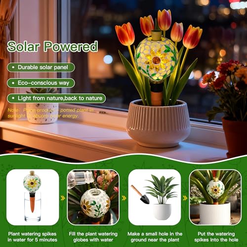 Mosaic Plant Watering Globe with Terracotta Spike,Self-Watering Irrigation for Potted Plants,Sunflower-Inspired Mosaic with Solar Accent Light, Indoor & Outdoor Décor, 17oz - view 6