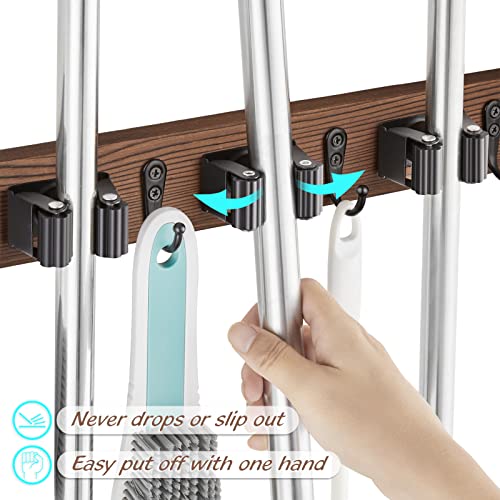 Mop Broom Holder Wall Mount with 3 Slots & 4 Hooks - Wood Broom Mop Hanger for Pantry Kitchen Organization - Garden Tool Organizer for Closet Laundry Room - for Rustic Farmhouse Kitchen Decor - view 3