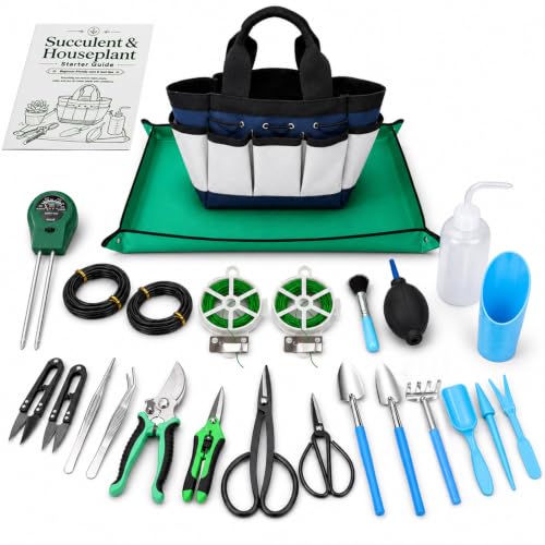 25 Pcs Succulent & Bonsai Tools Set for Beginners, Indoor Plant Care Tool Set with Repotting Mat, Organizer Tote, Soil Moisture Meter, Pruning Shears, Mini Garden Tools, Gardening Gift for Women Men