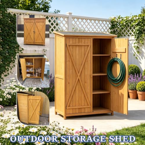 Wooden Outdoor Storage Cabinet, Garden Shed with Double Doors and Shelves, Tool for Patio Backyard, Organizer for Gardening Supplies, Easy Assembly - view 6
