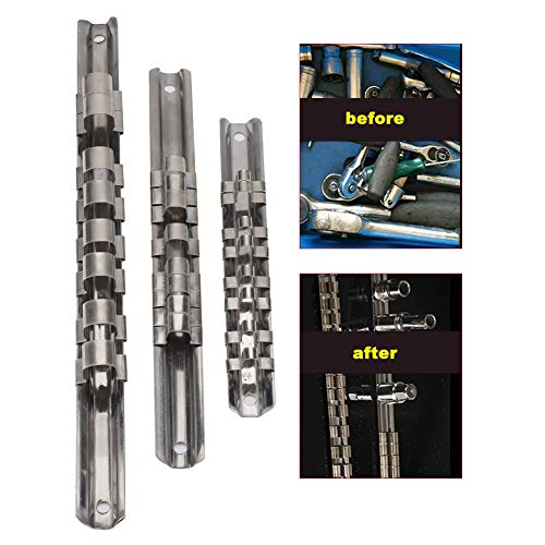 Drive Socket Organizer Rail, 3Pcs Steel 8 Positions Socket Rack Storage Rail Tray Holder, Heavy Duty for Garage Workshop Toolbox, Tool Storage Organizes Sockets by Size, Keeps Tools in Order - view 4