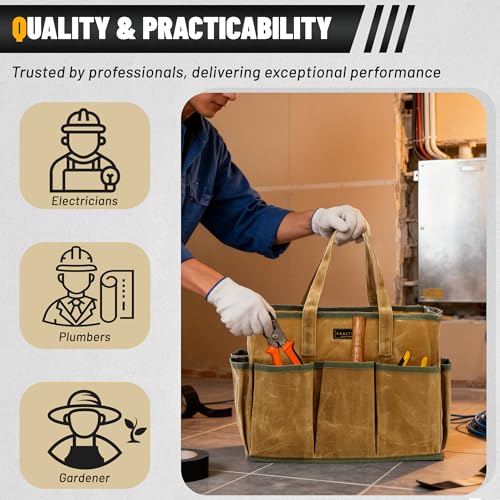 16OZ Waxed Canvas Tool Tote Bag | Large-Capacity Tool Storage Tote with 10 External Pockets | Multi-Purpose Garden Tool Carrier for Gardening, Wrench, and Carpentry Tools – Khaki - view 6