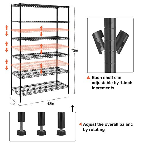 6-Tier Wire Shelving Unit with Wheels, 48x18x72 in, Black - view 2
