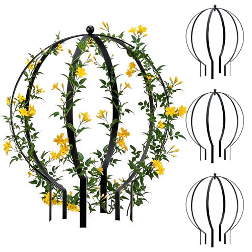 4 PCS Large Metal Round Trellis for Climbing Plants, Heavy Duty Thick Rustproof Obelisk, Garden Sphere Frame for Potted Roses Vines, Outdoor Garden Decor, Easy Assembly (25.2" x 21.3")