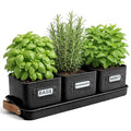Herb Planter Indoor - Set of 3 Black Indoor Herb Garden Pots for Plants with Leather Handled Tray - Window Sill Plant Shelf - Herb Pots with Drainage Holes and Labels
