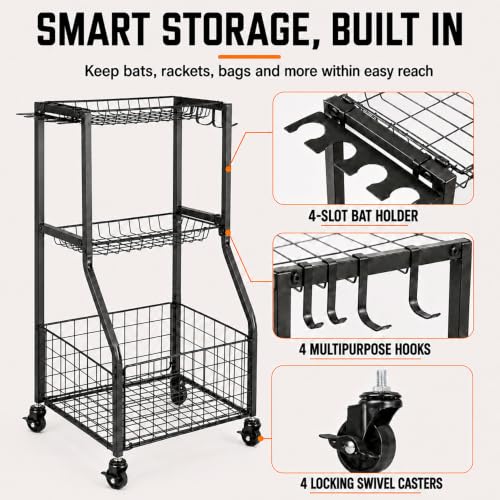 Rolling Sports Equipment Organizer with Locking Wheels and Ball Rack - view 5