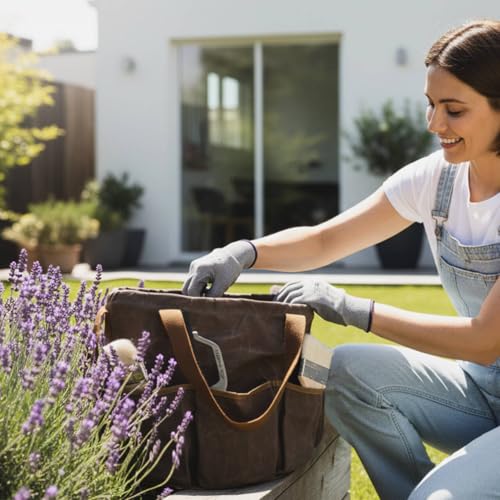 Waxed Canvas Garden Organizer Bag - Waterproof Bucket Tool Bag Portable with Side Pockets, Portable Gardening Tote for Lawn/Yard | Grey - view 5