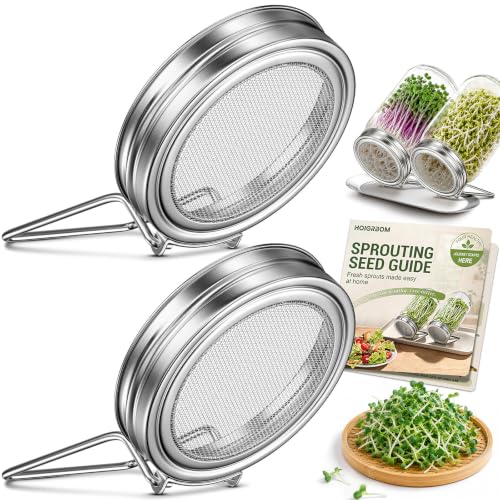 Sprouting Lids for Wide Mouth Mason Jars, 2 Pack with Drain Stand