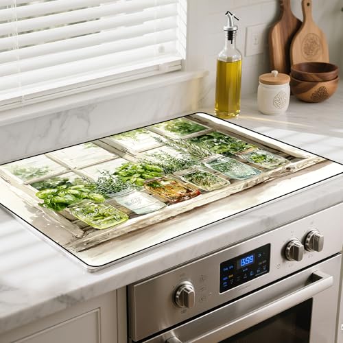Silicone Glass Stove Top Cover- Mat for Electric Stove Protector with Anti-Slip Rubber Coating XL Dish Drying Mats Scratch-Resistant (Green Plants, 30" x 21")