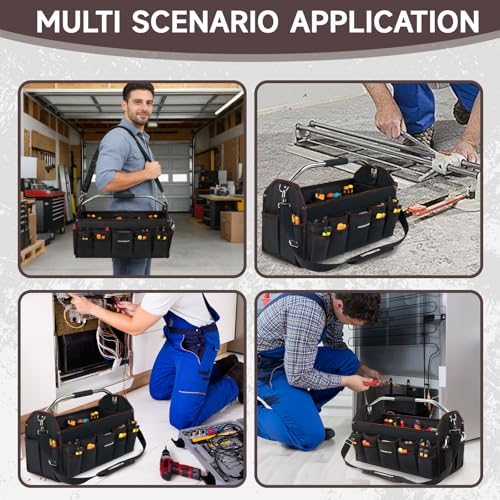 20 In Tool Carrier, Open Top Tool Tote 30 Pockets, Waterproof Tool Bag For Men, Foldable Wide Mouth Electricians Tool Bag, With Stainless Steel Handle and Removable Shoulder Strap - view 7