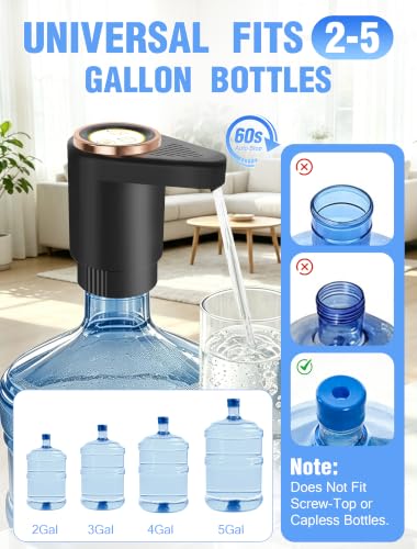 Water Jug Pump for 5 Gallon Bottle, Dual Motor Fast Flow Water Dispenser Pump, USB-C Rechargeable Portable, One-Button Operation, Fits 2–5 Gallon Bottles for Home, Office, RV, Camping (Black) - view 5