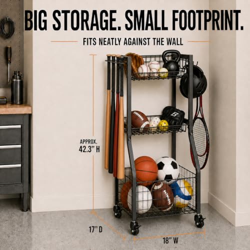 Rolling Sports Equipment Organizer with Locking Wheels and Ball Rack - view 6