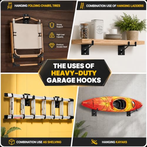 14" Large Heavy Duty Garage Hooks, Steel Garage Storage Hooks with Support Rods, Utility Wall Mount Hangers for Power Tools, Car Tires, Ladders, Chairs, Garden Tools and More (6-Pack 14" Heavy Hooks) - view 5