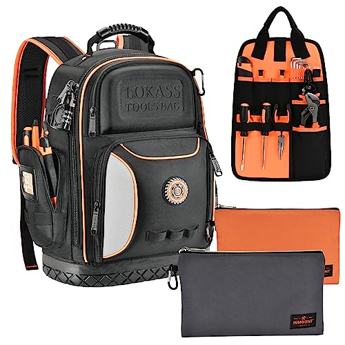 Tool Bag Backpack with 2 Canvas Tool Pouch Tool Kit, 75 Pockets & Loops Heavy Duty Tools Organizer/HVAC Tool Carrier for Eelectrician/Construction Work with Molded Base and Combination Lock, Black