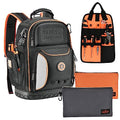 Tool Bag Backpack with 2 Canvas Tool Pouch Tool Kit, 75 Pockets & Loops Heavy Duty Tools Organizer/HVAC Tool Carrier for Eelectrician/Construction Work with Molded Base and Combination Lock, Black