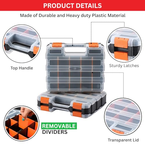 Andalus Tools Organizer Box, Small Parts Storage 34-Compartment Double-Sided Portable Hardware Organizer Removable Plastic Dividers for Screws, Nuts, Bolts, Nails – Orange (2 Pack, 12.5" x 10.5" x 3") - view 5