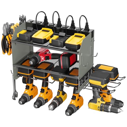 Modular Power Tool Organizer Wall Mount Charging Station, Black 6 Drills Holder with 8 Plug Power Strip 10FT, Garage Drill Battery Heavy Duty Metal Shelf, Utility Rack with Hooks, Side Storage. - view 8