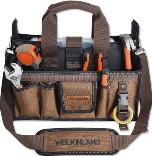 20-Pockets Tool Tote Bag,16" Brown Open-Top Electrician Tool Bag