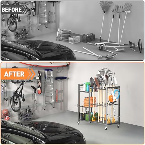 Garden Tool Stand with Wheels, Rakes Shovels Holder Yard Tools Organizer for Garage, Garden, Shed Indoor/Outdoor Long-Handled Tools Cart(Tool stand with side shelves) - view 7
