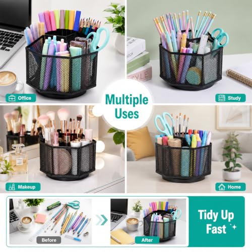 Desk Organizer 360 Rotating Pen Holder 5 Compartments Caddy Black - view 6