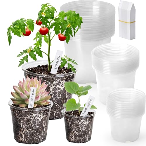 Clear Nursery Pots with Drainage Holes-36 Pack 3/4/5Inch Transparent Plastic Plant Pots for Seed Starting, High Visibility Root Growth Monitoring&36Plant Labels (Transparency-no Lid, 3/4/5in-36p)