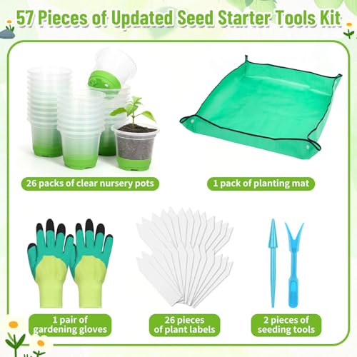 57PCS Reusable Seed Starter Kit Includes 26 Packs 4" Clear Nursery Pots with Silicone Base, Repotting Mat, Gardening Gloves, Plant Labels and Seedling Tools for Easy Transplant - view 2