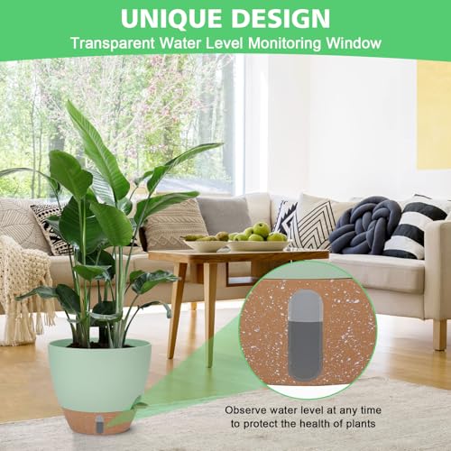 Self Watering Planter Set with Visual Water Level, 6Pack Small Plastic Pot with Drainage Holes and Reservoir Saucers, Modern 8+7+6.5+6+5.5+5 Inch Bottom Watering Flower Pots for Indoor Plant - Green - view 4