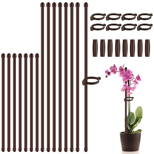 Plant Stakes 17inch &11inch 16Pcs Adjustable Flower Support Poles Orchid Sticks with Clips for Indoor Outdoor Garden Potted Tomato Rose Amaryllis Vegetables Comes with 20 Ties (Brown)