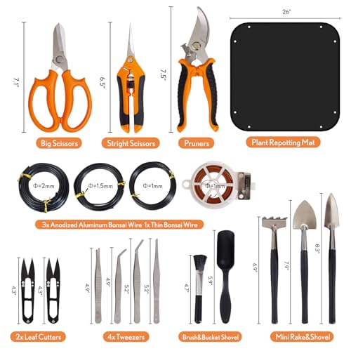 Bonsai Tools Kit 20 Pcs Garden Tools Set for Beginner, Gardening Gift for Women Men, Includes Bonsai Wire Kit, Plant Mat, Pruning Shears, Bonsai Scissors, Succulent Tools in Leather Storage Bag - view 3