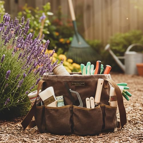 Waxed Canvas Garden Organizer Bag - Waterproof Bucket Tool Bag Portable with Side Pockets, Portable Gardening Tote for Lawn/Yard | Grey - view 4