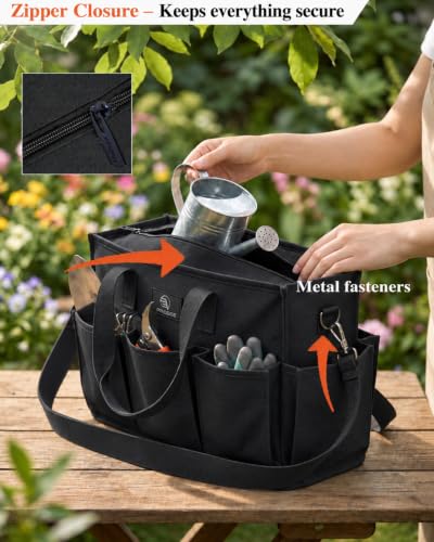 Garden Tool Bag with 9 Pockets & Shoulder Strap, Heavy Duty Gardening Tote Organizer for Tools, Gloves & Supplies, Black - view 3