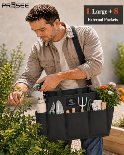 Garden Tool Bag with 9 Pockets & Shoulder Strap, Heavy Duty Gardening Tote Organizer for Tools, Gloves & Supplies, Black - view 6
