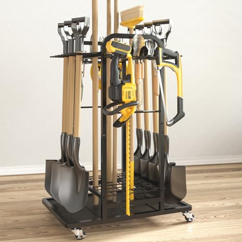Garden Tool Organizer with Lockable Wheels, Heavy Duty 3-Tier Yard Tower Tool Rack for Garage, Holds Up to 35 Long-Handled Tools, Garden Tool Cart with 12 Hooks for Tool Organization Storage