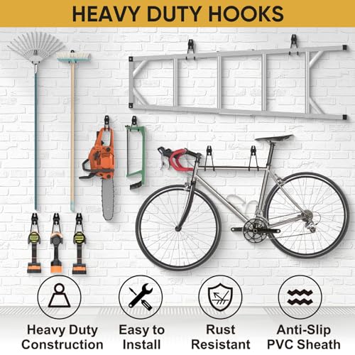 2 Pack Heavy Duty Garage Hooks, Steel Utility Wall Storage Hooks, Wall Mount Hanger Organizer for Ladders, Bikes, Tools, Bulky Items (Small, Yellow Square) - view 5