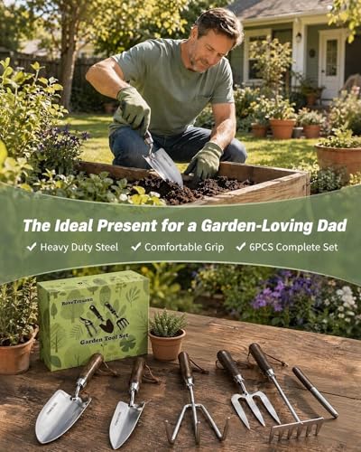 Garden Tool Set, 6PCS Heavy Duty Stainless Steel Gardening Hand Tools with Ropes, Includes Hand Cultivator Shovel Trowel Transplanter 2-in-1 Hoe Pruner, Ideal Gardening Gifts for Women Men (Classic) - view 2