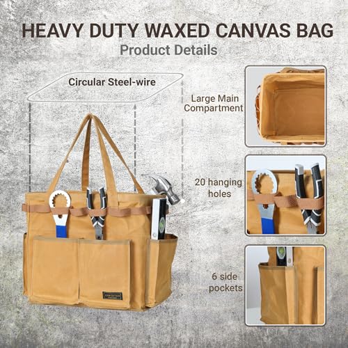 Water Resistant Gardening Tool Bag with Handles - 6 Pockets Utility Self-Standing Organizer for Camping/Garden/Car Storage, 14" x 13" x 10" | Khaki - view 3