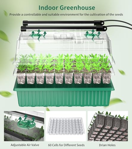 Seed Starter Tray, 120-Cells Seed Starter Kit with Grow Light, 2 Pack Reusable Seeding Starter Trays with Air Vent Humidity Domes for Greenhouse Gardening Indoor Planting Growing (Green Base) - view 3