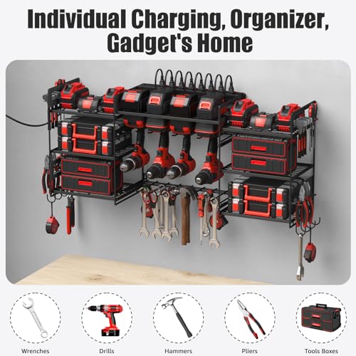 Black Power Tool Organizer Wall Mount, Large Tools and Battery Storage Rack Charging Station Individual Switches. Drills Holder, Garage Utility Shelves with 6FT Power Strip. Gift for Men. - view 7