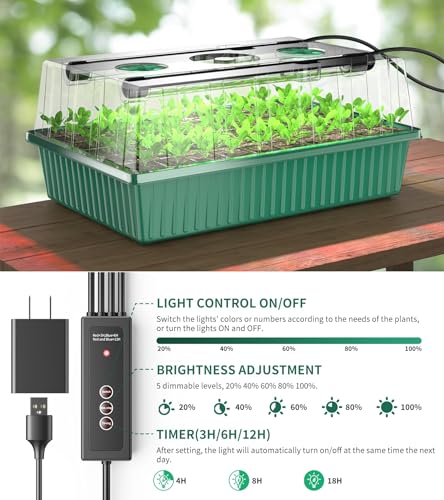 Seed Starter Tray, 120-Cells Seed Starter Kit with Grow Light, 2 Pack Reusable Seeding Starter Trays with Air Vent Humidity Domes for Greenhouse Gardening Indoor Planting Growing (Green Base) - view 2