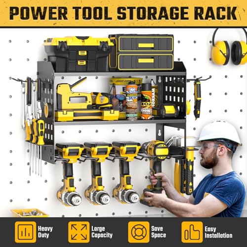 Power Tool Organizer, Drill Holder Wall Mount with 2 Side Pegboards with Hooks, 3 Layer Garage Organization Heavy Duty Tool Organizers Utility Rack for 4 Drill Holders Black - view 6