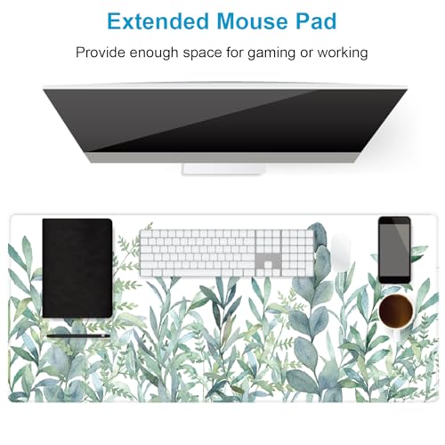 XXL Waterproof Office Desk Pad Protector 35.4x15.7 Inch - Extended Gaming Mouse Pad with Non-Slip Rubber Base, Thickened Keyboard Mat, Stitched Edges & Green Plants Design - view 3