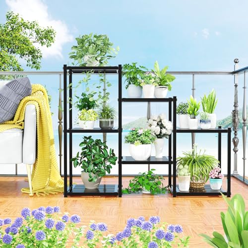Plant Stand Indoor Outdoor, Heavy Duty Metal Waterproof 7 Tiered Plant Shelf for Multiple Flower Planter Holder Tall Large Rack, Black - view 3