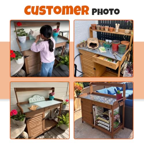 Outdoor Potting Bench with Metal Top, Sliding Drawer & Storage Shelves - view 3