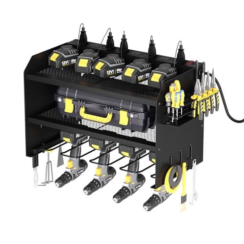 Wall Mount Power Tool Organizer with Charging Station, Black Drill Holder