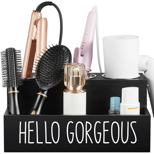 Hair Tool Organizer, Wooden Hair Dryer Holder Countertop, Wall Mount Hot Tools Organizer for Hair Styling Accessories, Bathroom Supplies Vanity Caddy for Curling Wand, Blow Dryer, Black