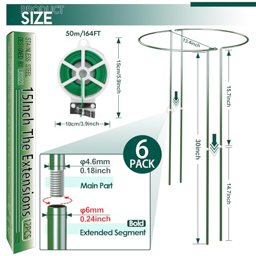 6 Pack 30 inch Plant Support Stakes, Heavy-Duty Half Round Peony Support, Garden Plant Stakes Cage for Outdoor Plants, Peony, Tomato, Hydrangea, (15In Support +15In Stainless Extension Tubes) - view 2