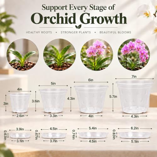 7/6/5/4 Inch Orchid Pots, 8 pack Clear Orchid Pot with Hole and Saucer - view 5