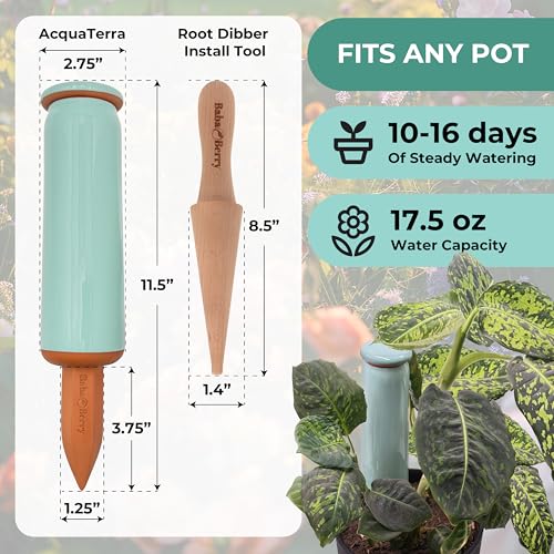 Terracotta Watering Spikes 2 Pack 17.5oz Capacity Plant Watering Devices Self Watering Spikes Large Plant Watering Globes Self Watering Planter Insert AcquaTerra with Root Dibber Installer - view 4