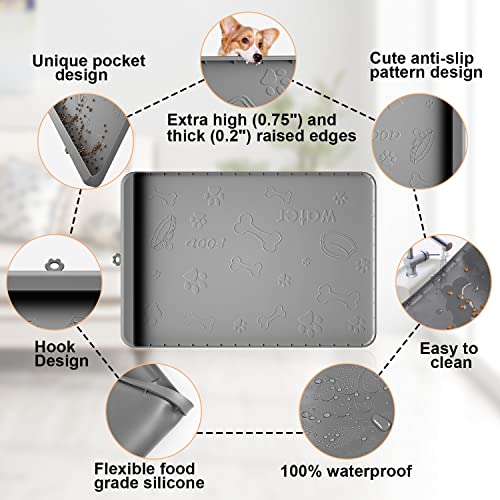 Dog Food Mat - Silicone Dog Mat for Food and Water - 28" x 20" Pet Feeding Mats with Residue Collection Pocket - Waterproof Dog Cat Bowl Mat with High Edges to Prevent Water Food Spills (Gray) - view 4